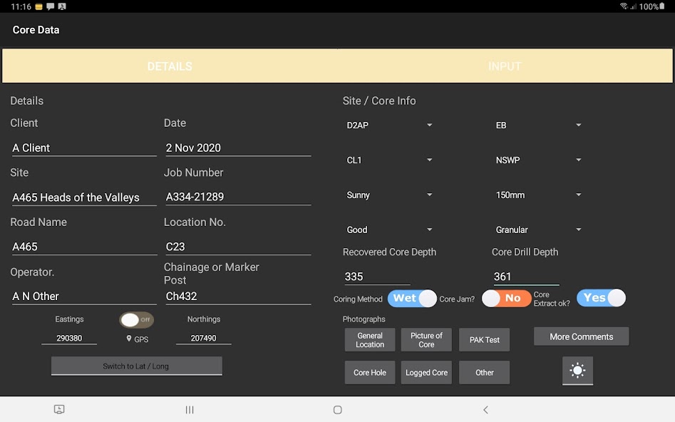 CoreDATA screen showing client, site, job number, recovered core depth, drill depth, and site information.