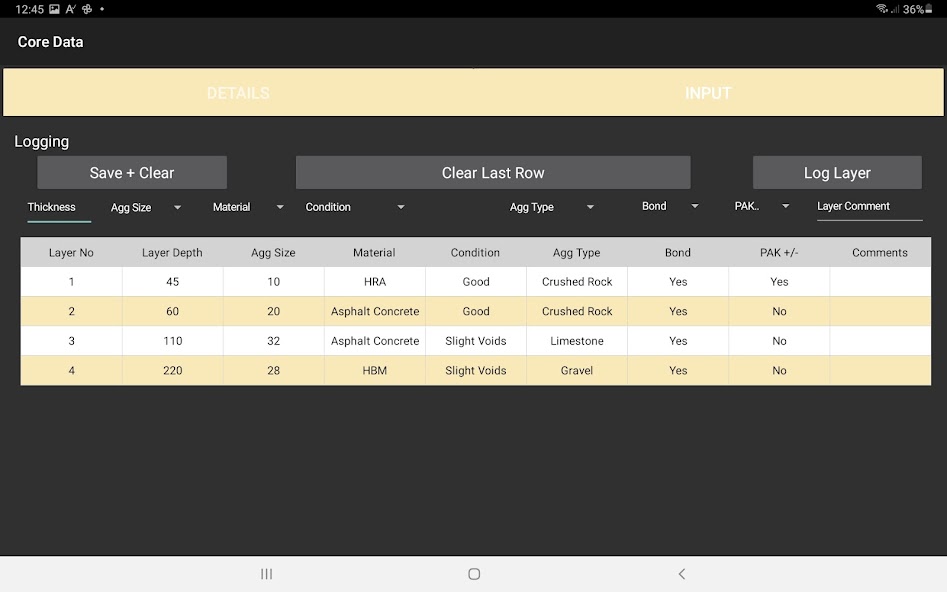 CoreDATA layer logging table showing layer number, depth, aggregate size, material, condition, bond, and comments.