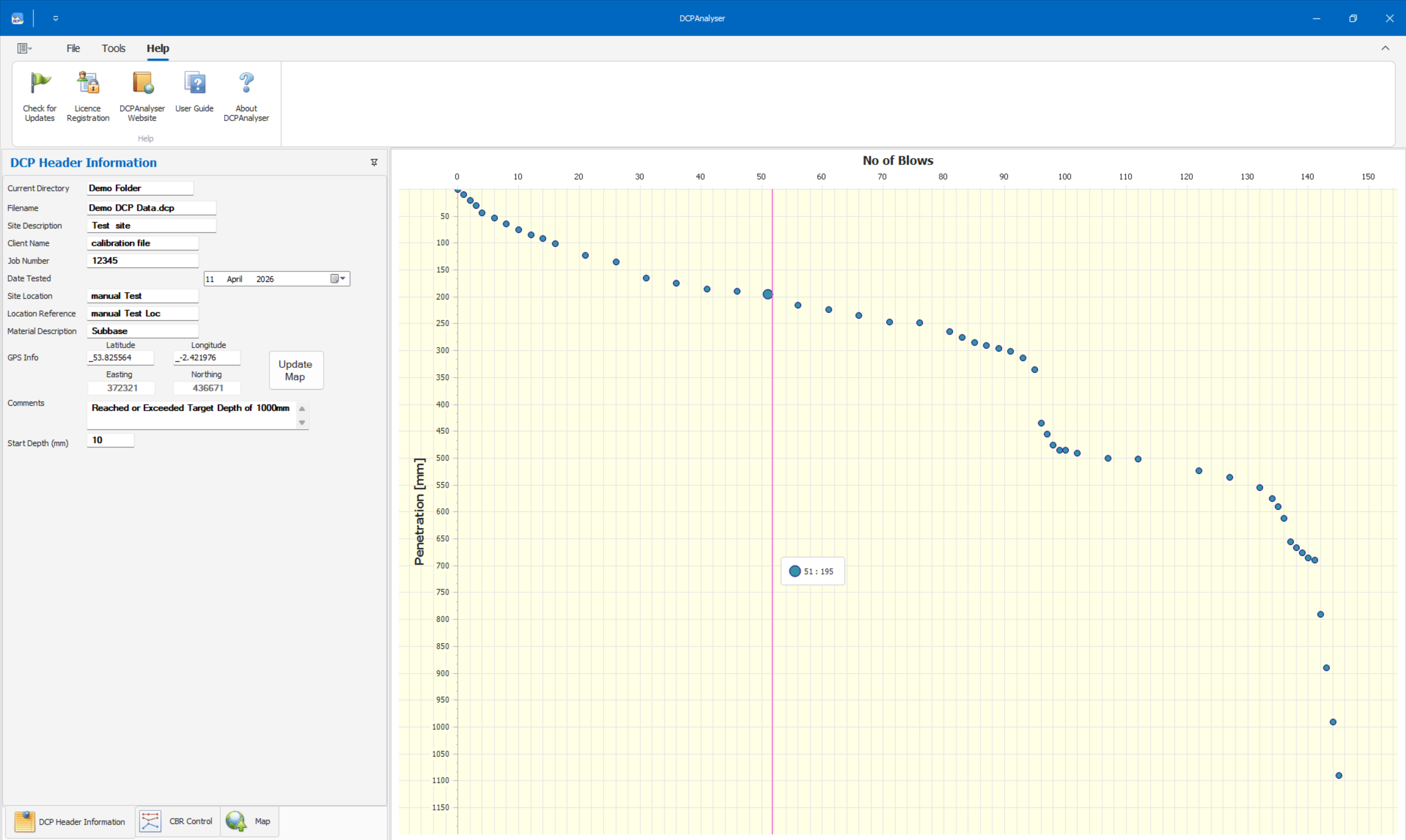 DCPAnalyser Windows desktop interface showing DCP header information and a blows-versus-penetration plot.