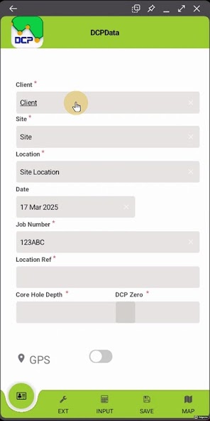 DCP Data setup screen with fields for client, site, date, job number, and location.