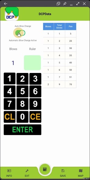 DCP Data blow entry screen with blow counts, ruler reading, and a running penetration table.